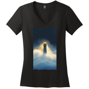 Nautical Lighthouse Beam Ocean Maritime Fog Women's V-Neck T-Shirt