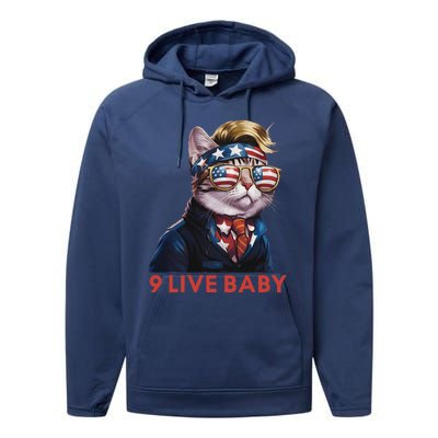 Nine Lives Baby Cat In Suite With Trump Hair American Flag Performance Fleece Hoodie