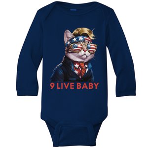 Nine Lives Baby Cat In Suite With Trump Hair American Flag Baby Long Sleeve Bodysuit