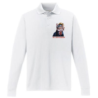 Nine Lives Baby Cat In Suite With Trump Hair American Flag Performance Long Sleeve Polo