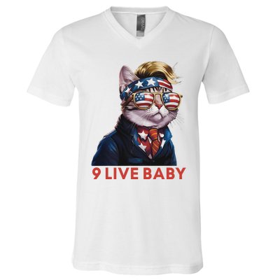 Nine Lives Baby Cat In Suite With Trump Hair American Flag V-Neck T-Shirt