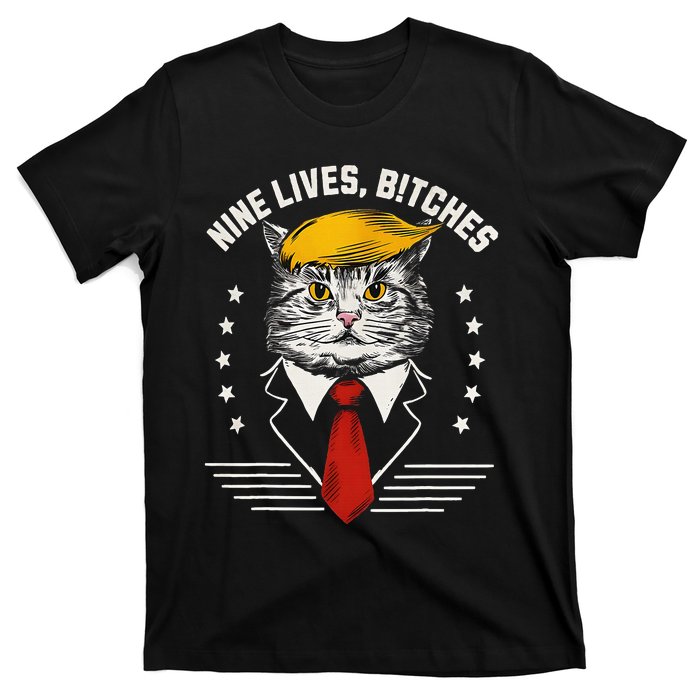 Nine Lives Bitches Funny Cat Political Satire Election 2024 T-Shirt