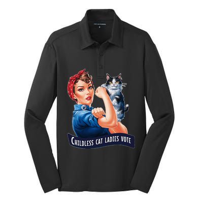 Nine Lives Bitches Funny Cat Political Satire Election 2024 Silk Touch Performance Long Sleeve Polo