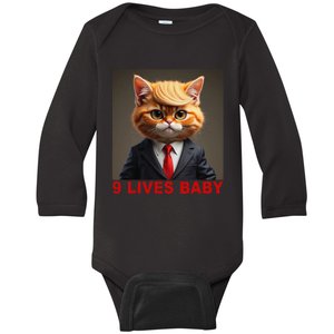 Nine Lives Baby Cat In Suite With Trump Hair Funny Gift Baby Long Sleeve Bodysuit