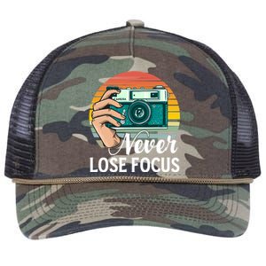 Never Lose Focus Photography Camera Lover Funny Photographer Gift Retro Rope Trucker Hat Cap