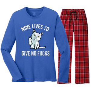 Nine Lives Give No Fucks Women's Long Sleeve Flannel Pajama Set 