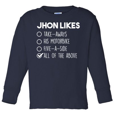 Name Likes His Motor Bike Tick Toddler Long Sleeve Shirt