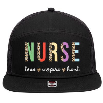 Nurse Love Inspire Heal Leopard Print With Hearts Nurse Gift 7 Panel Mesh Trucker Snapback Hat