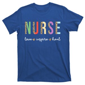 Nurse Love Inspire Heal Leopard Print With Hearts Nurse Gift T-Shirt