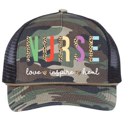 Nurse Love Inspire Heal Leopard Print With Hearts Nurse Gift Retro Rope Trucker Hat Cap