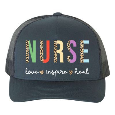 Nurse Love Inspire Heal Leopard Print With Hearts Nurse Gift Yupoong Adult 5-Panel Trucker Hat