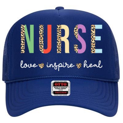 Nurse Love Inspire Heal Leopard Print With Hearts Nurse Gift High Crown Mesh Back Trucker Hat