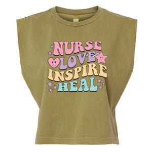 Nurse Love Inspire Heal Medicine Nursing Retro Healthcare Gift Garment-Dyed Women's Muscle Tee