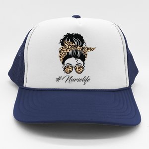 Nurse Life Leopard Messy Bun Hair Glasses Women Nurse Trucker Hat