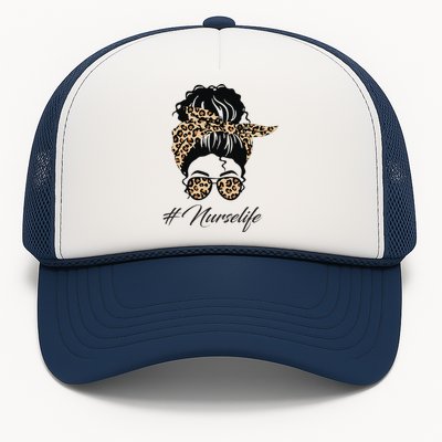 Nurse Life Leopard Messy Bun Hair Glasses Women Nurse Trucker Hat