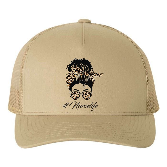 Nurse Life Leopard Messy Bun Hair Glasses Women Nurse Yupoong Adult 5-Panel Trucker Hat