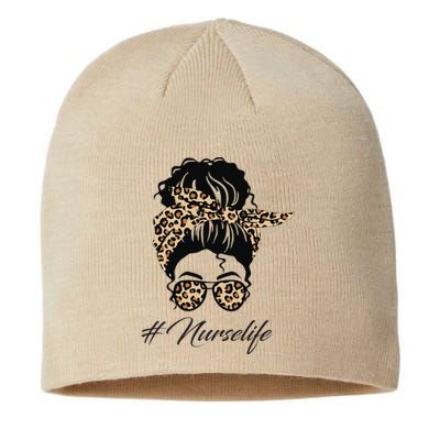 Nurse Life Leopard Messy Bun Hair Glasses Women Nurse Sustainable Beanie