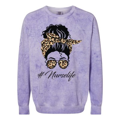 Nurse Life Leopard Messy Bun Hair Glasses Women Nurse Colorblast Crewneck Sweatshirt