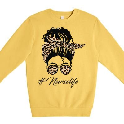 Nurse Life Leopard Messy Bun Hair Glasses Women Nurse Premium Crewneck Sweatshirt