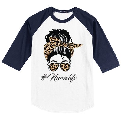 Nurse Life Leopard Messy Bun Hair Glasses Women Nurse Baseball Sleeve Shirt