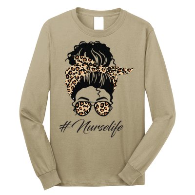 Nurse Life Leopard Messy Bun Hair Glasses Women Nurse Long Sleeve Shirt