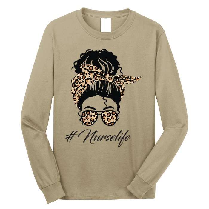 Nurse Life Leopard Messy Bun Hair Glasses Women Nurse Long Sleeve Shirt