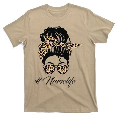 Nurse Life Leopard Messy Bun Hair Glasses Women Nurse T-Shirt