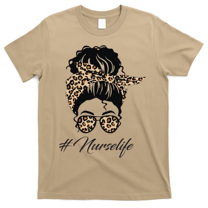 Nurse Life Leopard Messy Bun Hair Glasses Women Nurse T-Shirt