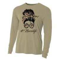 Nurse Life Leopard Messy Bun Hair Glasses Women Nurse Cooling Performance Long Sleeve Crew