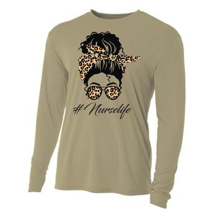 Nurse Life Leopard Messy Bun Hair Glasses Women Nurse Cooling Performance Long Sleeve Crew