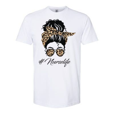 Nurse Life Leopard Messy Bun Hair Glasses Women Nurse Softstyle CVC T-Shirt