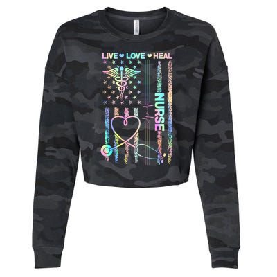 Nurse Live Love Heal Colorful USA Flag Cropped Pullover Crew