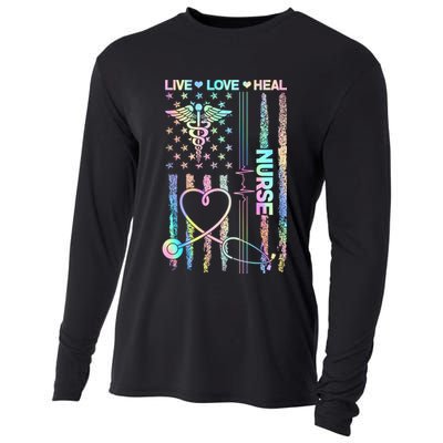 Nurse Live Love Heal Colorful USA Flag Cooling Performance Long Sleeve Crew