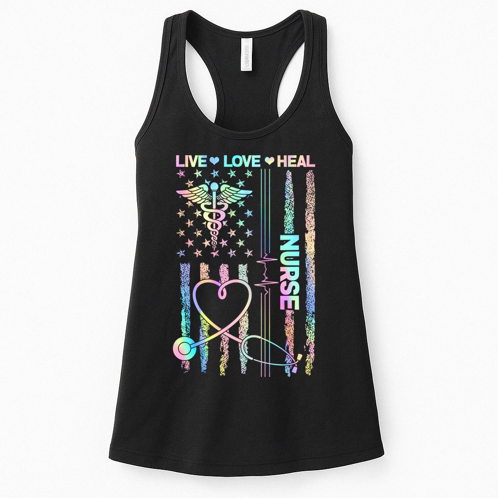 Nurse Live Love Heal Colorful USA Flag Womens Tank Top