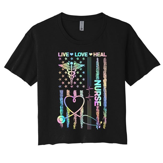 Nurse Live Love Heal Colorful USA Flag Crop Top