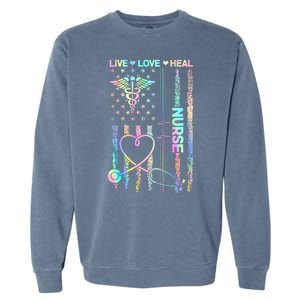 Nurse Live Love Heal Colorful USA Flag Garment-Dyed Sweatshirt