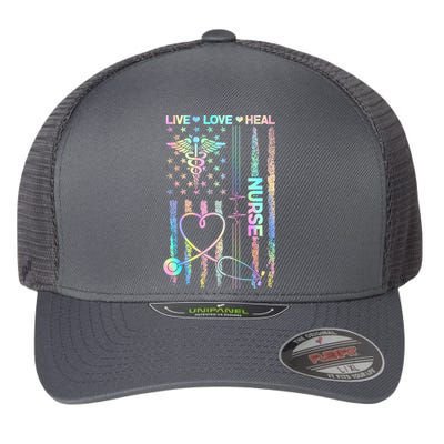 Nurse Live Love Heal Colorful USA Flag Flexfit Unipanel Trucker Cap