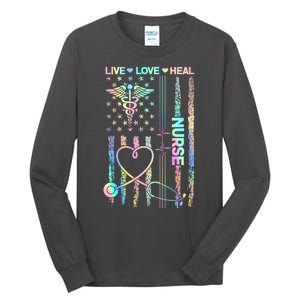 Nurse Live Love Heal Colorful USA Flag Tall Long Sleeve T-Shirt