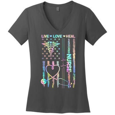 Nurse Live Love Heal Colorful USA Flag Women's V-Neck T-Shirt