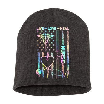 Nurse Live Love Heal Colorful USA Flag Short Acrylic Beanie