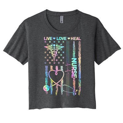 Nurse Live Love Heal Colorful USA Flag Women's Crop Top Tee