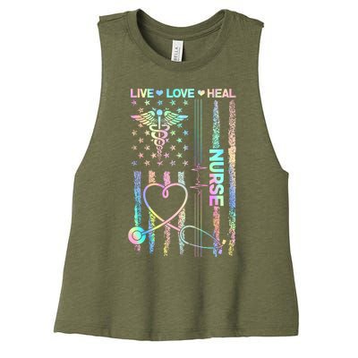 Nurse Live Love Heal Colorful USA Flag Women's Racerback Cropped Tank