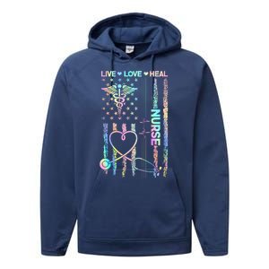 Nurse Live Love Heal Colorful USA Flag Performance Fleece Hoodie