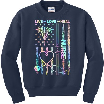 Nurse Live Love Heal Colorful USA Flag Kids Sweatshirt