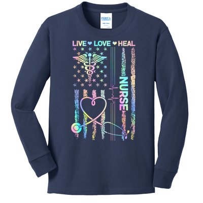 Nurse Live Love Heal Colorful USA Flag Kids Long Sleeve Shirt