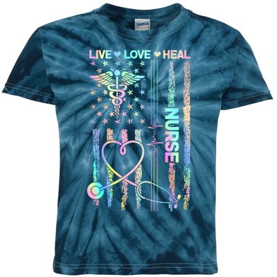 Nurse Live Love Heal Colorful USA Flag Kids Tie-Dye T-Shirt