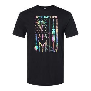 Nurse Live Love Heal Colorful USA Flag Softstyle CVC T-Shirt