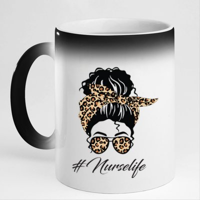 Nurse Life Leopard Messy Bun Hair Glasses Women Nurse 11oz Black Color Changing Mug