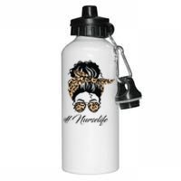 Nurse Life Leopard Messy Bun Hair Glasses Women Nurse Aluminum Water Bottle