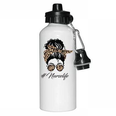 Nurse Life Leopard Messy Bun Hair Glasses Women Nurse Aluminum Water Bottle